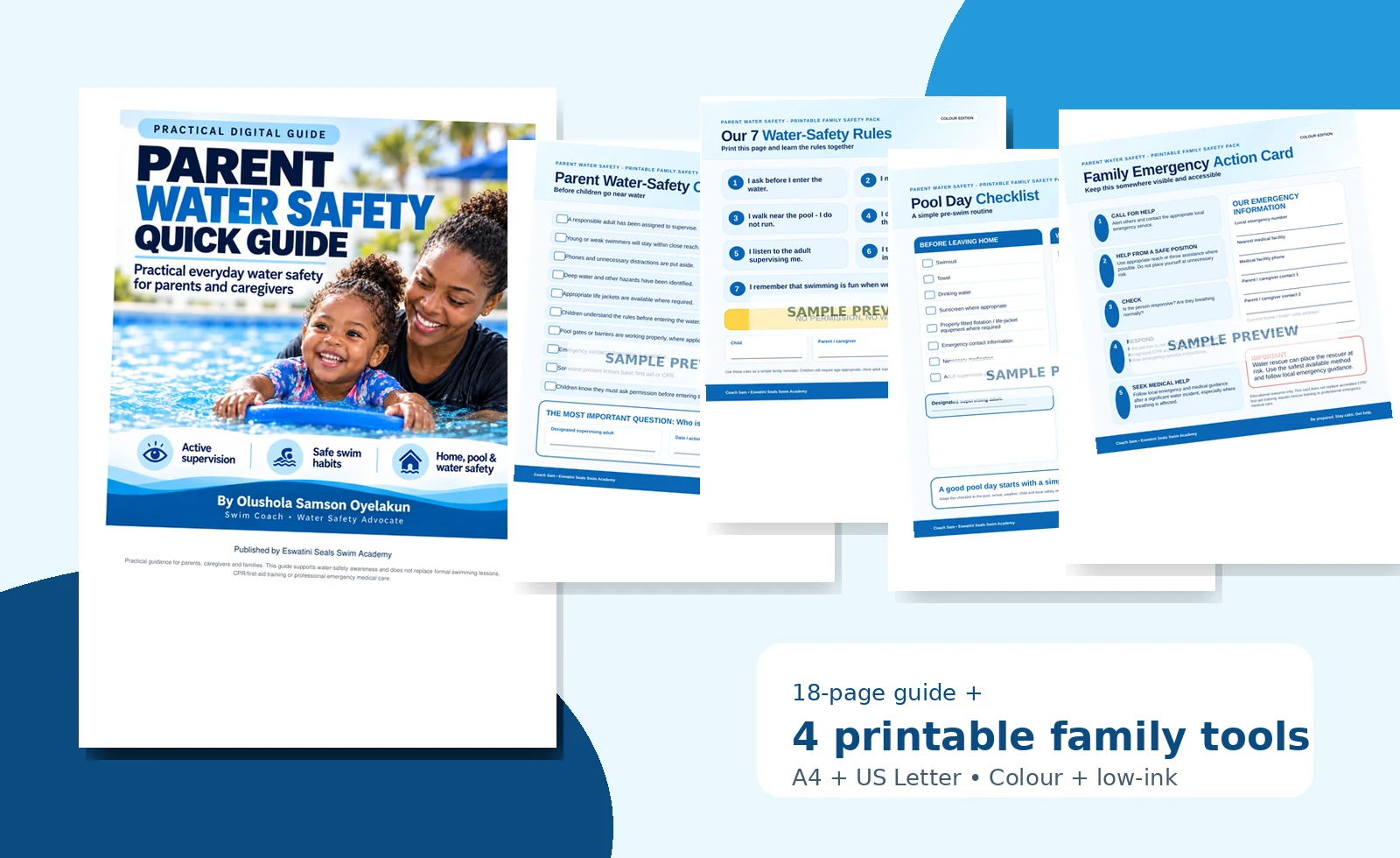 Parent Water Safety Quick Guide with four printable family safety tools